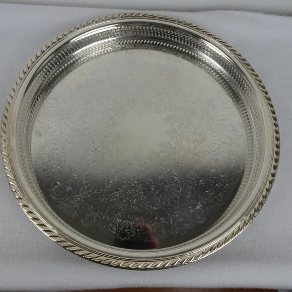 Vintage Silverplate Round Serving Tray 15 inch Diameter Reticulated - Picture 1 of 11